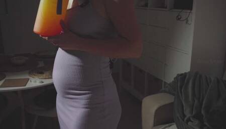 Full to Bursting in a Tight Purple Dress – Eating a Whole Pizza, Drinking Juice, and Moaning from Fullness!