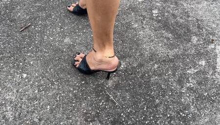 Diana Senior Barefoot Teasing on Black mule heels