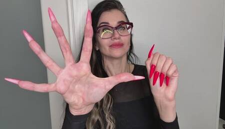 Long fingers and palms spreading very wide, long red nails too