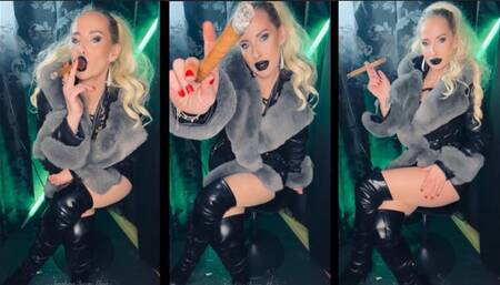Sexy cigar smoking milf- Smoking a cigar in Leather fur and Boots