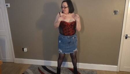 Striptease in denim skirt Basque stockings and heels