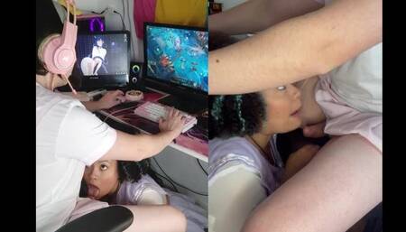 Trans Girl getting a blowjob while playing games