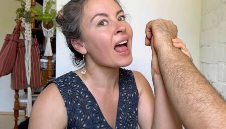 Biting man hairy arms