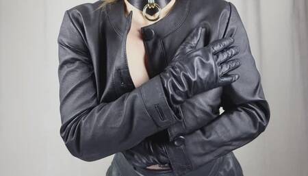 Fully leather dressed playing with cane and lactating - full sound
