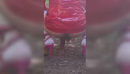 Exhibition in the Woods in Latex Outfit, Heel and White Stockings