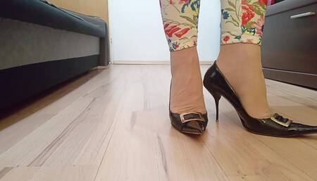 Crossdresser Walks in Sexy Black Leather Pointed Toe High Heels by Rosa Shoes