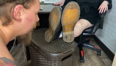 Slave's licking disgusting soles of My boots, then I’m using his pathetic face as a footstool