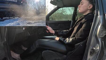 Emma pedals barefoot and melts snow with her tailpipe