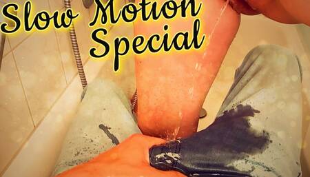 (POV) She piss on your hard cock in your tight jeans standing in front of you in the tub (silent slow motion special)