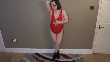 Sexy Wife Big Breasts striptease in leotard and ankle boots