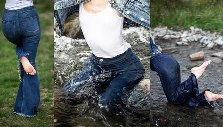 Free People extreme flared jeans getting soaked in a river