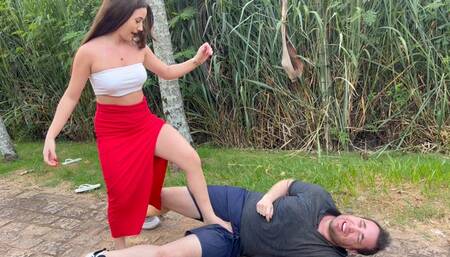 Princess Ana Clara kicking and smashing Cock and Balls in the park! 4K