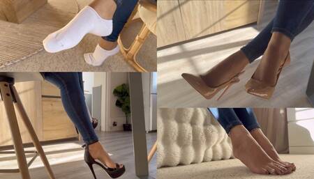 Teasing socks, heels and barefoot in jean