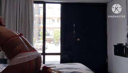 Sissy in Nurse Lingerie Exposing Herself Imbibe Three Beers via Anal in Front of the Window