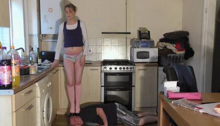 Chelsea Tries To Hide Her Panties From Her Neighbors Whilst Stood On Her Slaves Head