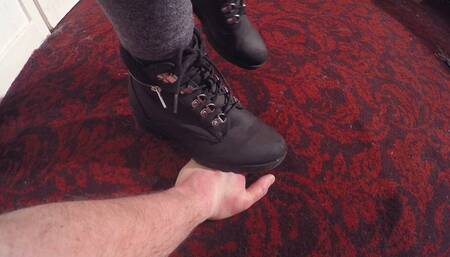 Sophie Stepping On His Hands & Fingers With Her Chunky Ankle Boots FLOOR CAM