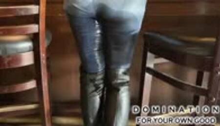 MILF Greta wets & re-wets herself, soaking her jeans and boots in a busy bar! (720p)