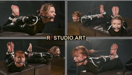 Rita and Astrid Barefoot in Catsuits - Double Bastinado for Hogtied and Gagged Cuties (FULL HD MP4)