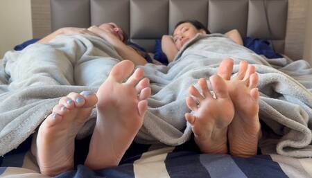 Natasha Ty & Tyler Lynn Tired Footsies Under Blanket | Barefoot Soles | Blonde Feet | Long Asian Toes