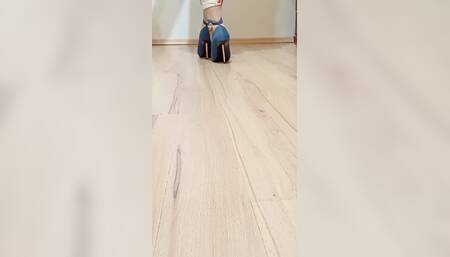 Crossdresser Walks in Sexy Blue Jeans Pointed Toe High Heels Pumps with Ankle Strap