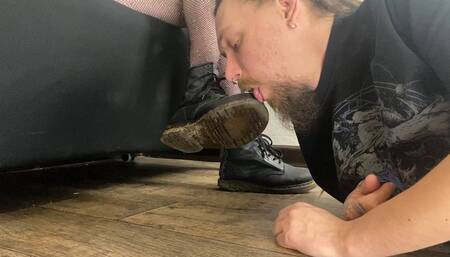 Muddy well worn boots licking and ignore