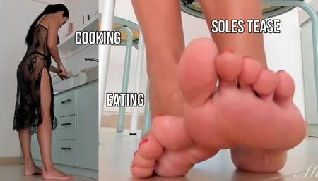 Cooking breakfast in see-through lace dress, soles tease, resting on the sofa - live stream