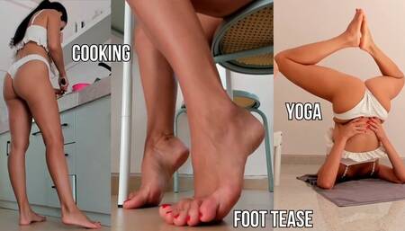 Yoga in bikini, cooking breakfast, bare feet tease - live stream