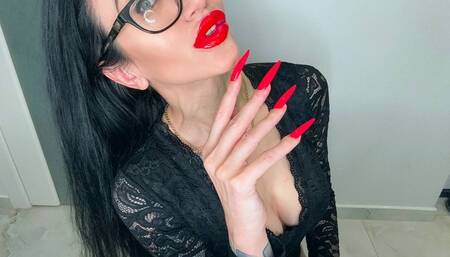 Bright red long nails, finger sucking, black lace lingerie face and long fingers fetish