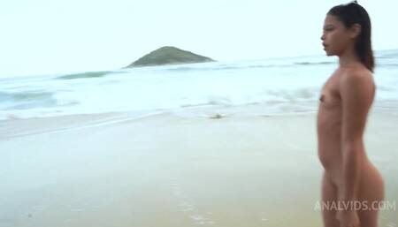 Meyzi Black at the nude beach with a friend, then gets fucked by 4 cocks (DP, BBC, 4on1, mini 4on2, gape, public nudity, public BJ orgy)