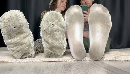 Smell Slippers on Small Feet of Girl and Dirty White Socks on Big Feet of Guy - Footsie, Highly Arched Feet, Ignore 4k
