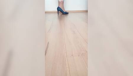 Crossdresser Walks in Sexy Blue Jeans Pointed Toe High Heels Pumps with Buckle