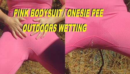 Outdoor pee in pink bodysuit onesie wetting