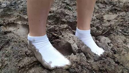 White socks in mud, dirty white socks, muddy white socks, muddy puddles socks walking