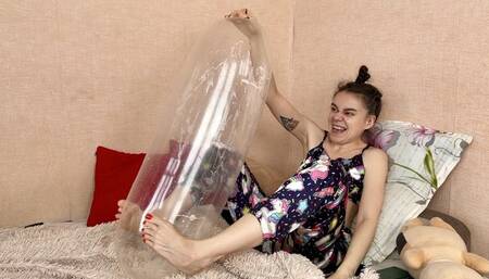 Inflating a Big Condom XXL - Dick Spit Humiliation, Cushed Balloon, Pajamas Unicorn, Home Video