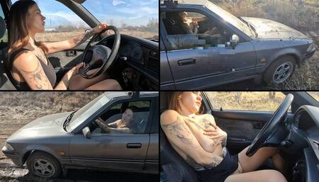 Alina gets stuck in her Toyota and masturbates