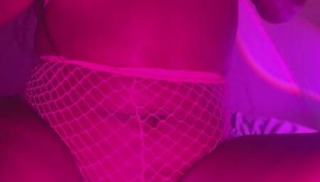 Ebony Goddess guides your stroke in a hot pink bikini top and pink fishnets with her big titties and sexy body