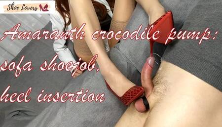 Amaranth crocodile pumps shoejob heel insertion on the sofa 1080