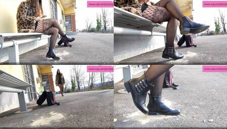 Boot food crush fetish, stomping under soles to be a breadcrumbs