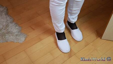 White Jeans, Black Reinforced Toe Stockings & White Espadrilles – Shoeplay & Dangling