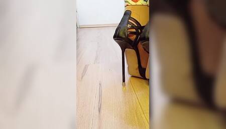 Crossdresser Walks in Sexy Black Leather Pointed Toe Charlotte Luxury High Heels Pumps