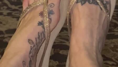 Gold Flip Flops on my Size 10 Feet