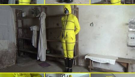 Captive woman in a yellow rain overalls tied up in a cellar