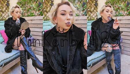 Double cigarette crush and applying lipstick outside in Leather and fur- Kinkerbell23