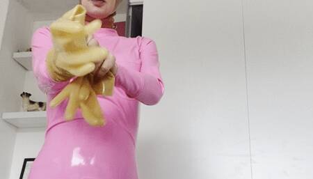 Rubber latex catsuit and hood gloves and 3 layers down jackets tease