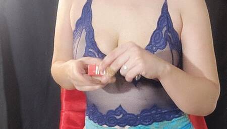 Leti smokes cork for you in a hot lingerie, ponytail, big red lips
