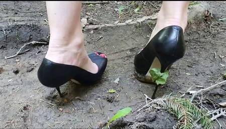 Platform high heels stuck in ground, high heels sinks in ground, high heels in forest, wrecked high heels