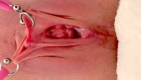 Pulling and Stretching My Pierced Clit and Pushing my Pussy to Pee