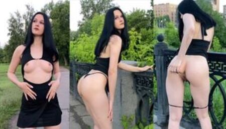 Annygrace - Beautiful girl in a dress walks in the park and shows her boobs and ass