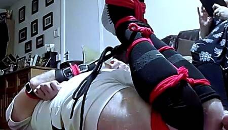 Footballer bound and gagged escape challenge in red rope