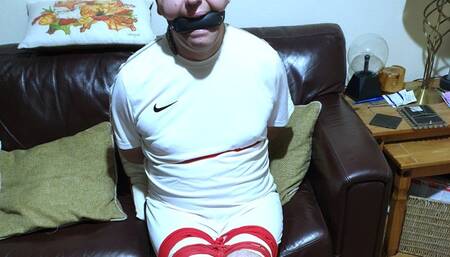 Footballer bound and gagged escape challenge in red rope 3